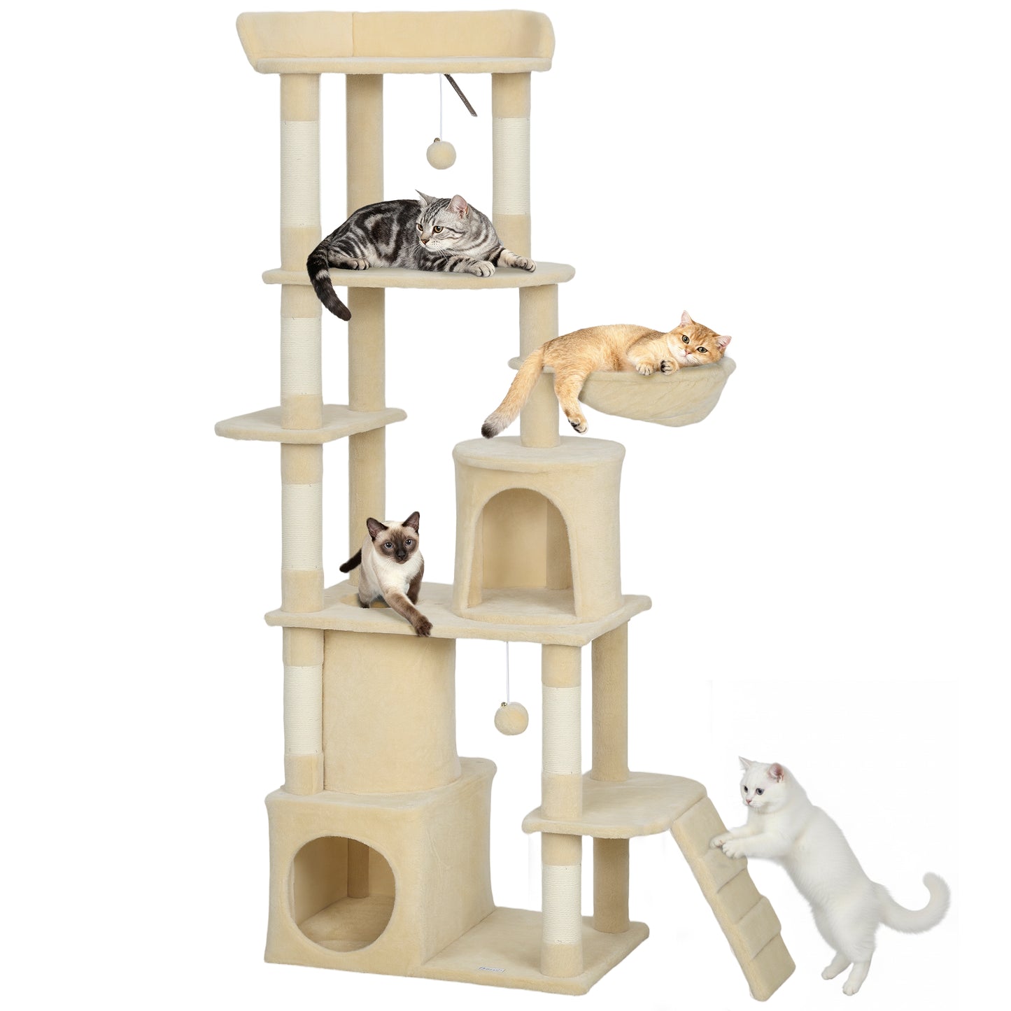 Cat Tree, 170 cm Large Cat Tower with 7 Scratching Posts, 1 Tunnel, 2 Condos, 1 Hammock, 1 Perch, 1 Ramp, 4 Platforms, 2 Pompoms, Multi-Level Kitty House for Indoor Kittens, Beige