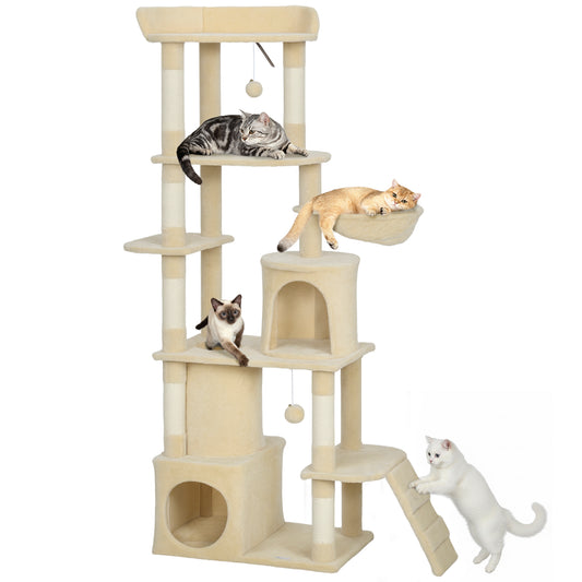 Cat Tree, 170 cm Large Cat Tower with 7 Scratching Posts, 1 Tunnel, 2 Condos, 1 Hammock, 1 Perch, 1 Ramp, 4 Platforms, 2 Pompoms, Multi-Level Kitty House for Indoor Kittens, Beige