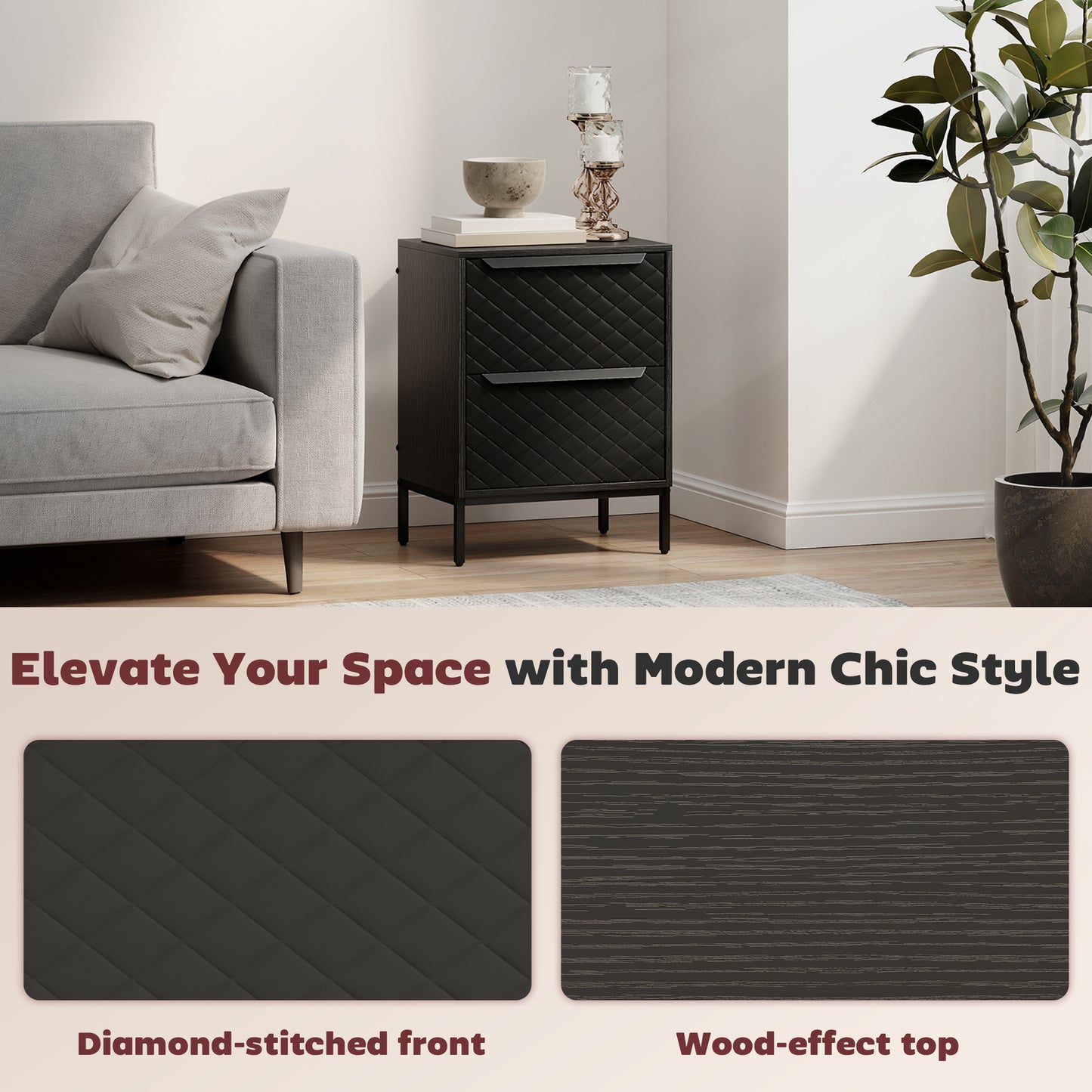 Chest of Drawers, 2 Fabric Drawer Dresser, Aluminium Handles, Black