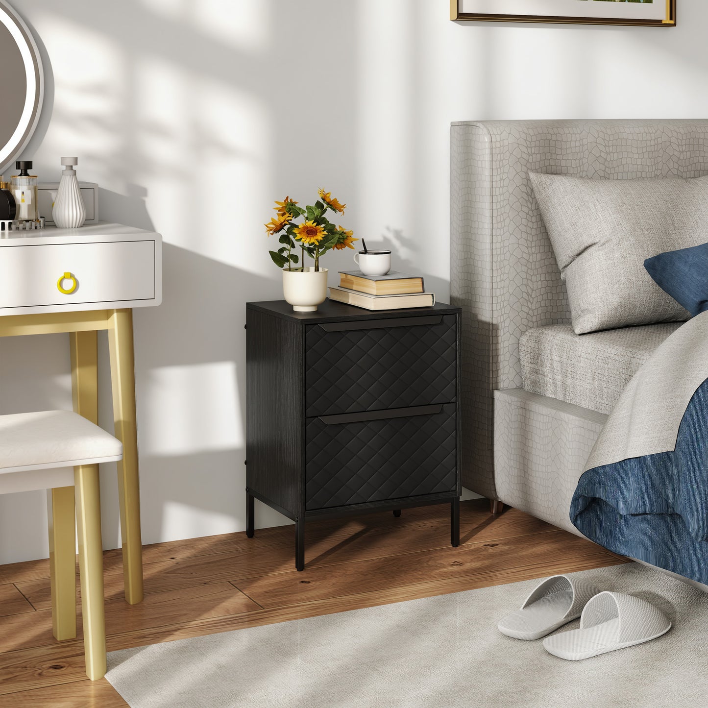 Chest of Drawers, 2 Fabric Drawer Dresser, Aluminium Handles, Black