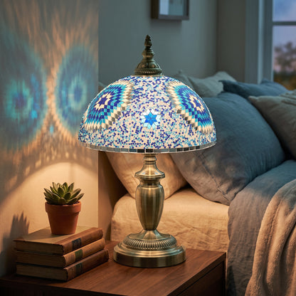 30cm Tiffany Lamp with Button Switch and Metal Base, Blue