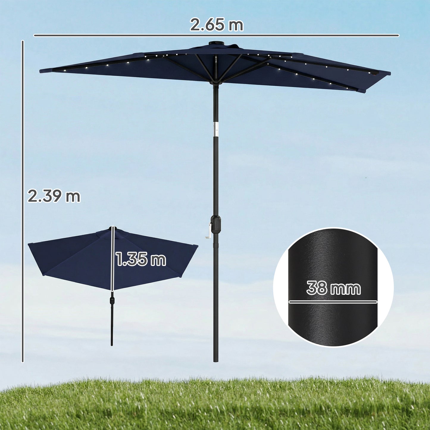 2.6 m Half Parasol with Solar Lights, UPF50+ Semi Round Umbrella