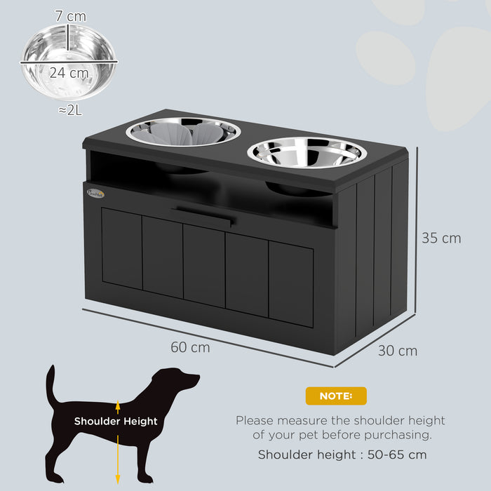 Raised Dog Bowl, Elevated Dog Bowls with Slow Feeder Dog Bowl & 2 Stainless Steel Bowls, 25L Storage Drawer, Dog Feeding Station for Large & Extra Large Dogs, Black