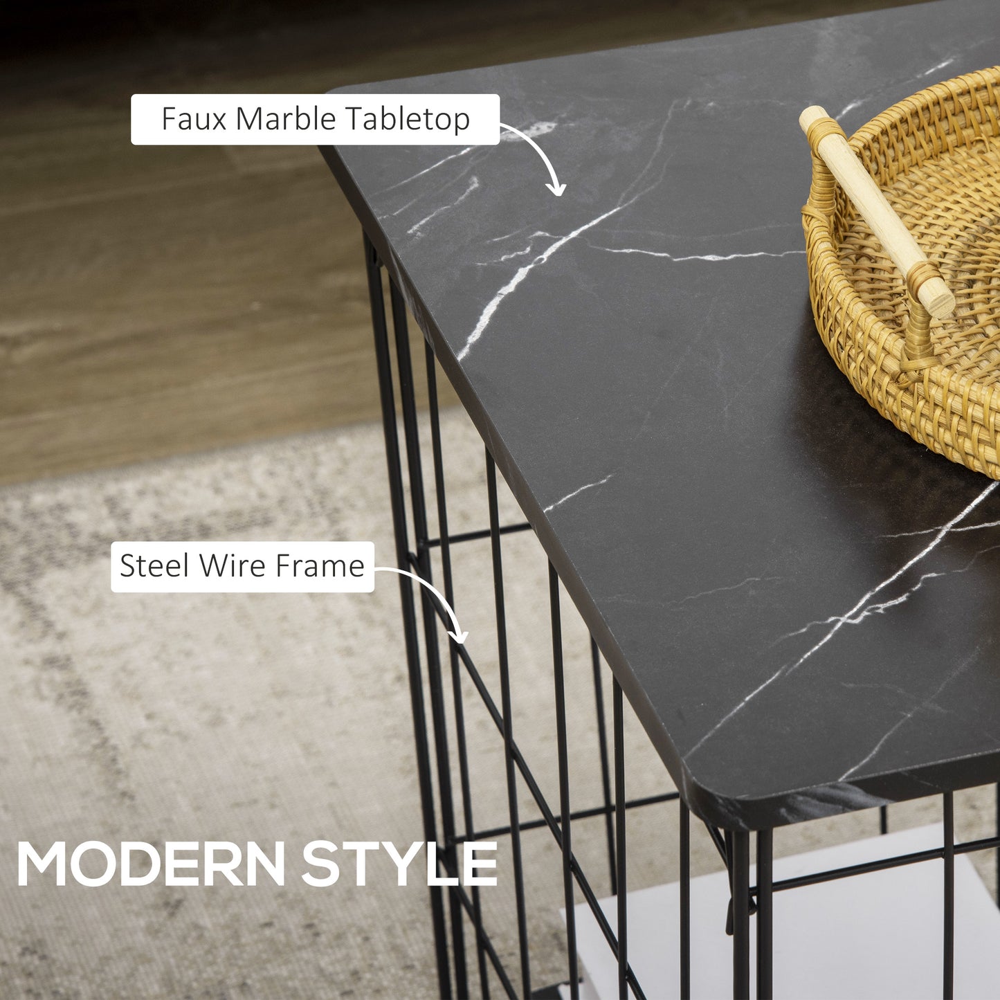 Side Table Set of 2, Modern Coffee End Bedside Storage Tables Black