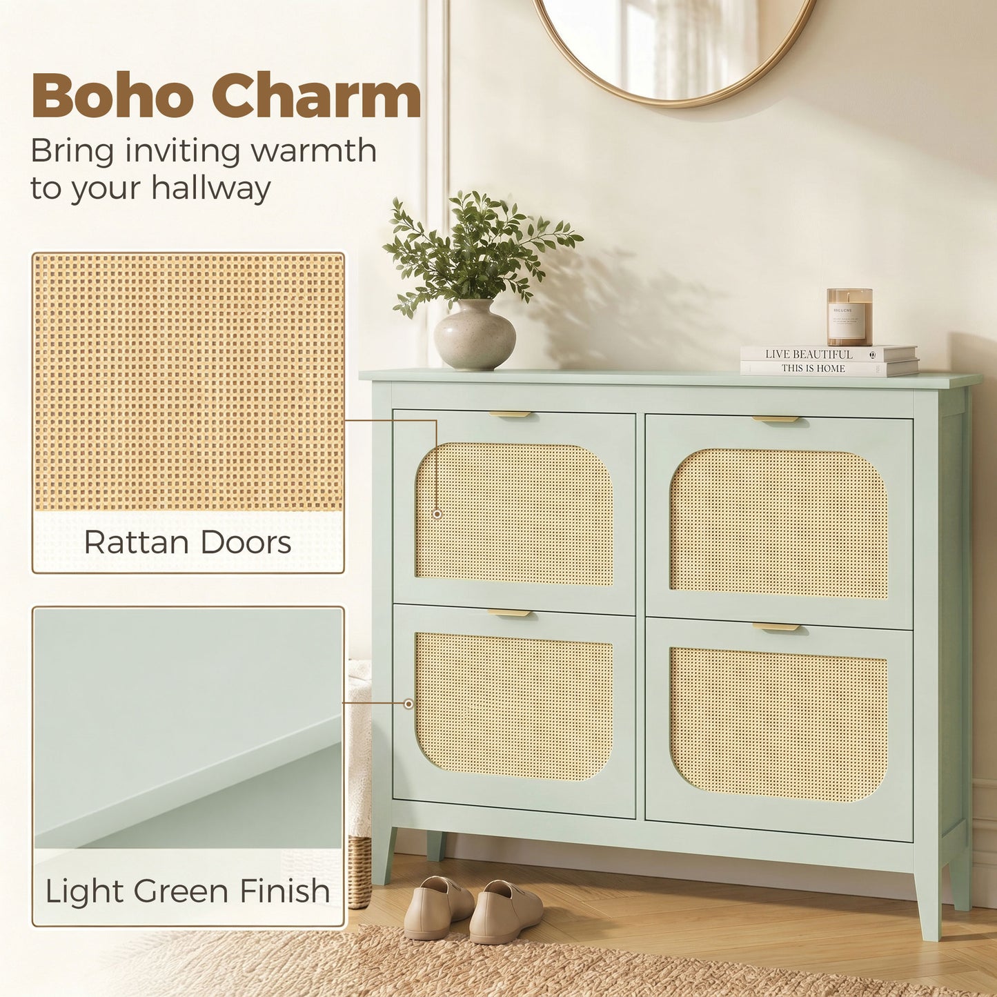 Boho Slim Shoe Cabinet with Rattan Doors, Holds 20 Pairs, Green