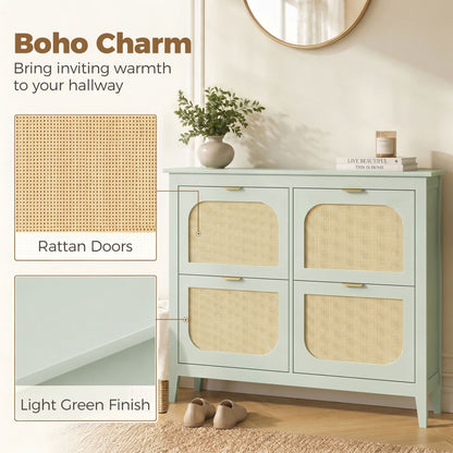 Boho Slim Shoe Cabinet with Rattan Doors, Holds 20 Pairs, Green