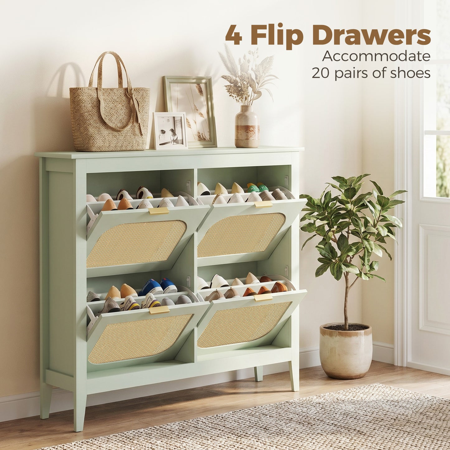 Boho Slim Shoe Cabinet with Rattan Doors, Holds 20 Pairs, Green