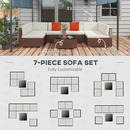 Seven-Piece Garden Rattan Set, with Glass-Top Table - Brown