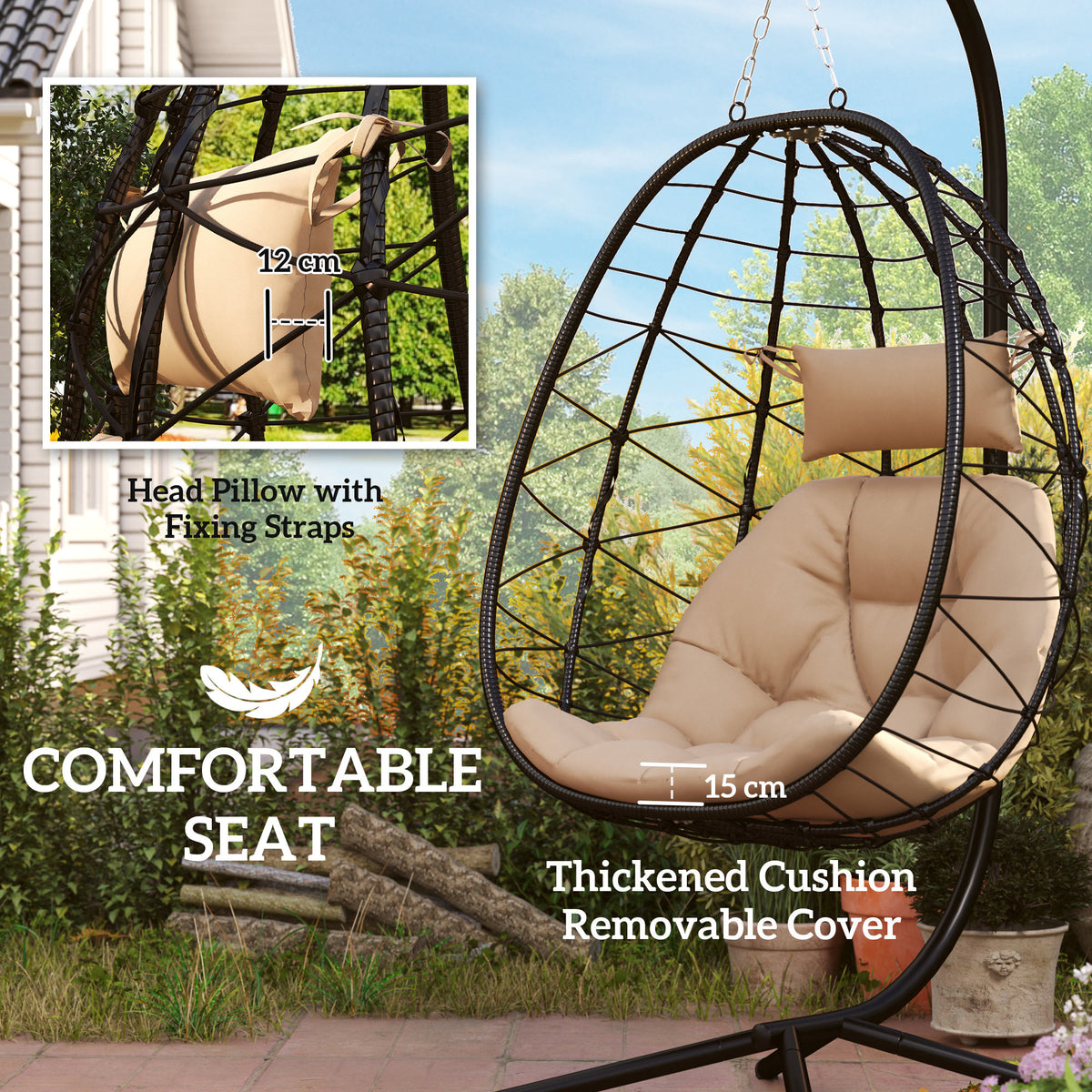 Garden Egg Chair Outdoor Hanging Swing Chair, Folding Basket, Khaki