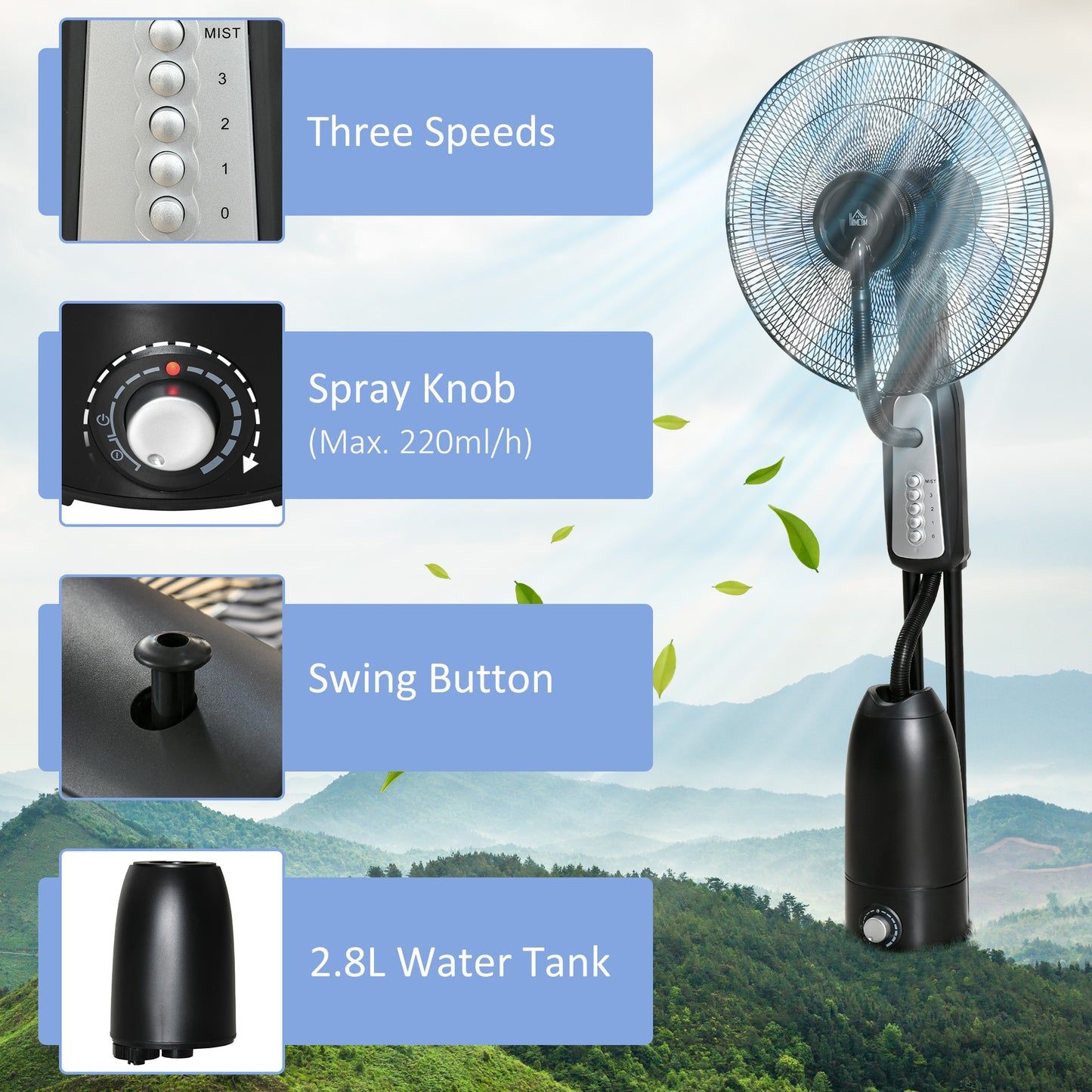 18" Pedestal Fan with Water Mist Spray Standing Fan, 2.8L Tank Black
