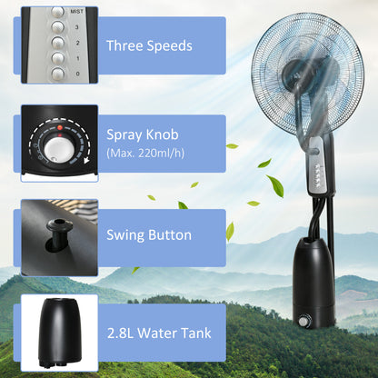 18" Pedestal Fan with Water Mist Spray Standing Fan, 2.8L Tank Black