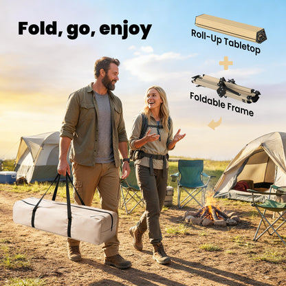 4ft Folding Camping Table, Picnic Table with Roll Up Top, Brown