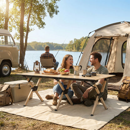 4ft Folding Camping Table, Picnic Table with Roll Up Top, Brown