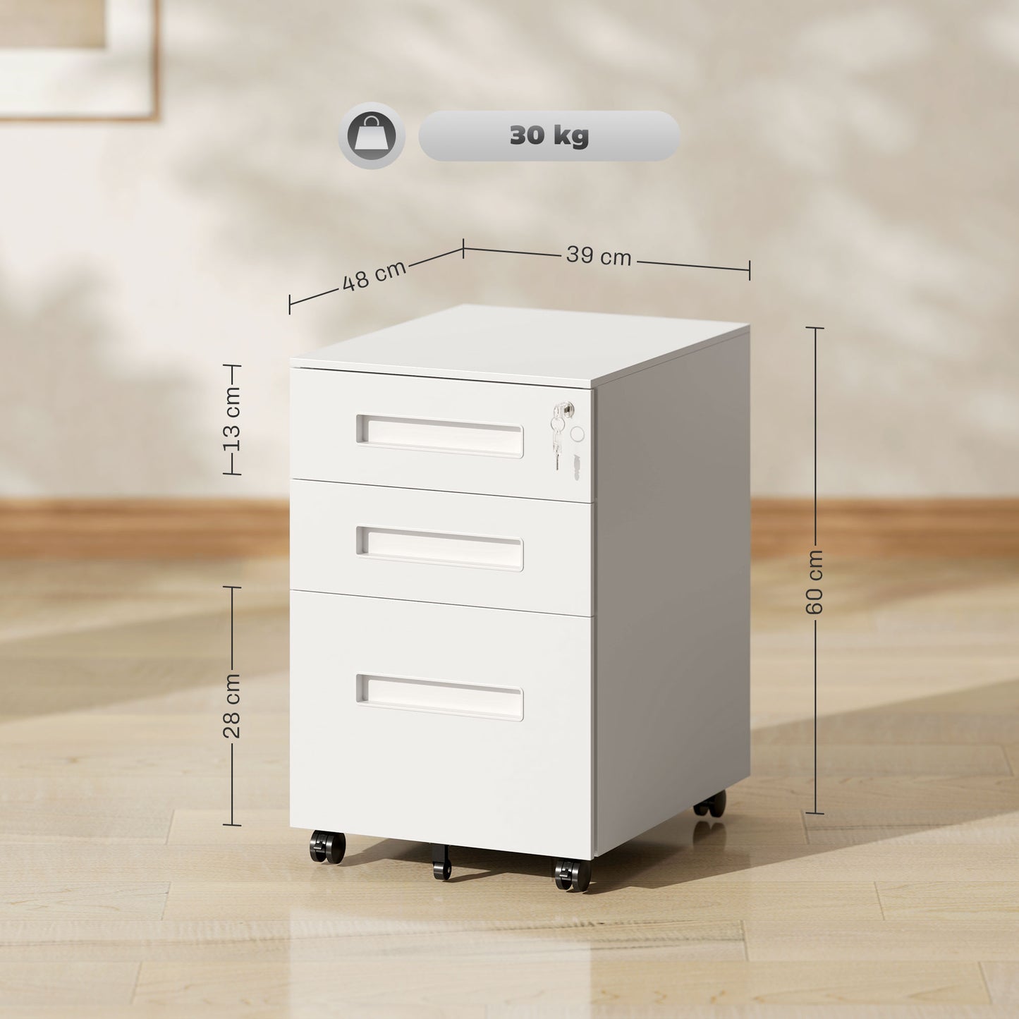 Lockable Mobile Filing Cabinet w/ 3 Drawers 39 x 48 x 60 cm White