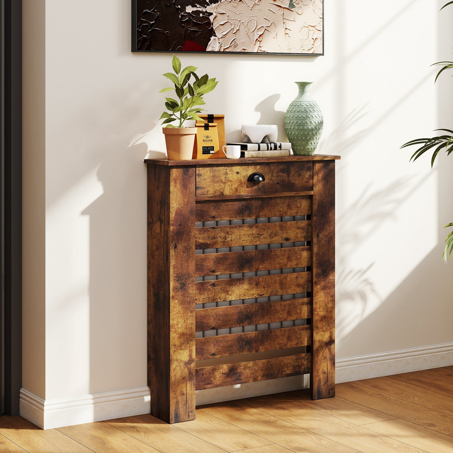 Radiator Cover with Drawer, Horizontal Slat, 78cm, Rustic Brown