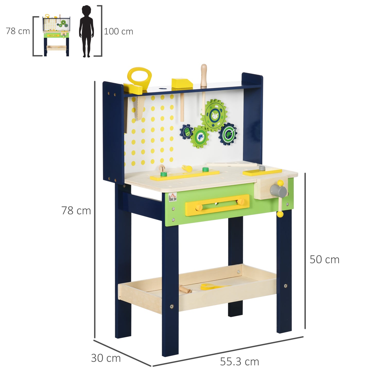 Tool Bench for Kids, Wooden Workbench w/ 27 Pieces 55 x 30 x 78 cm