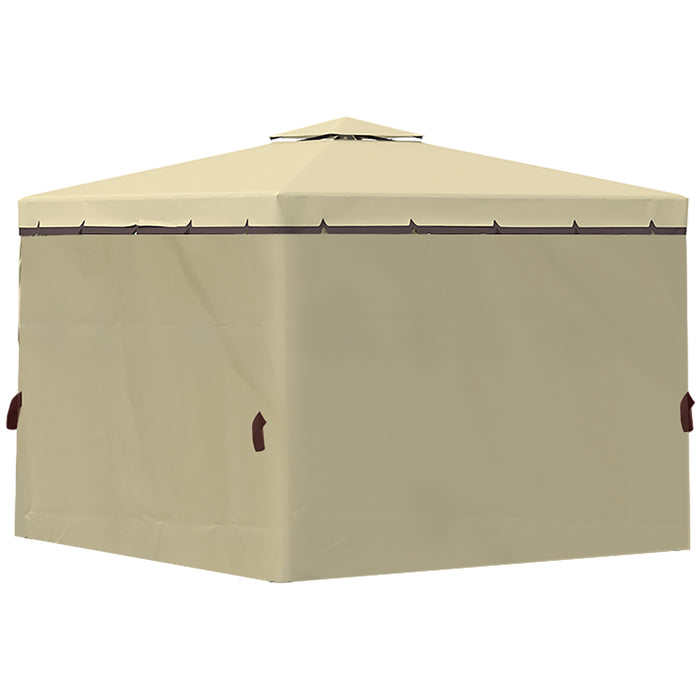 3 x 3(m) Garden Gazebo Pavilion Tent Shelter with 2 Tier Water Repellent Roof, Mosquito Netting and Curtains, Aluminium Frame, Beige