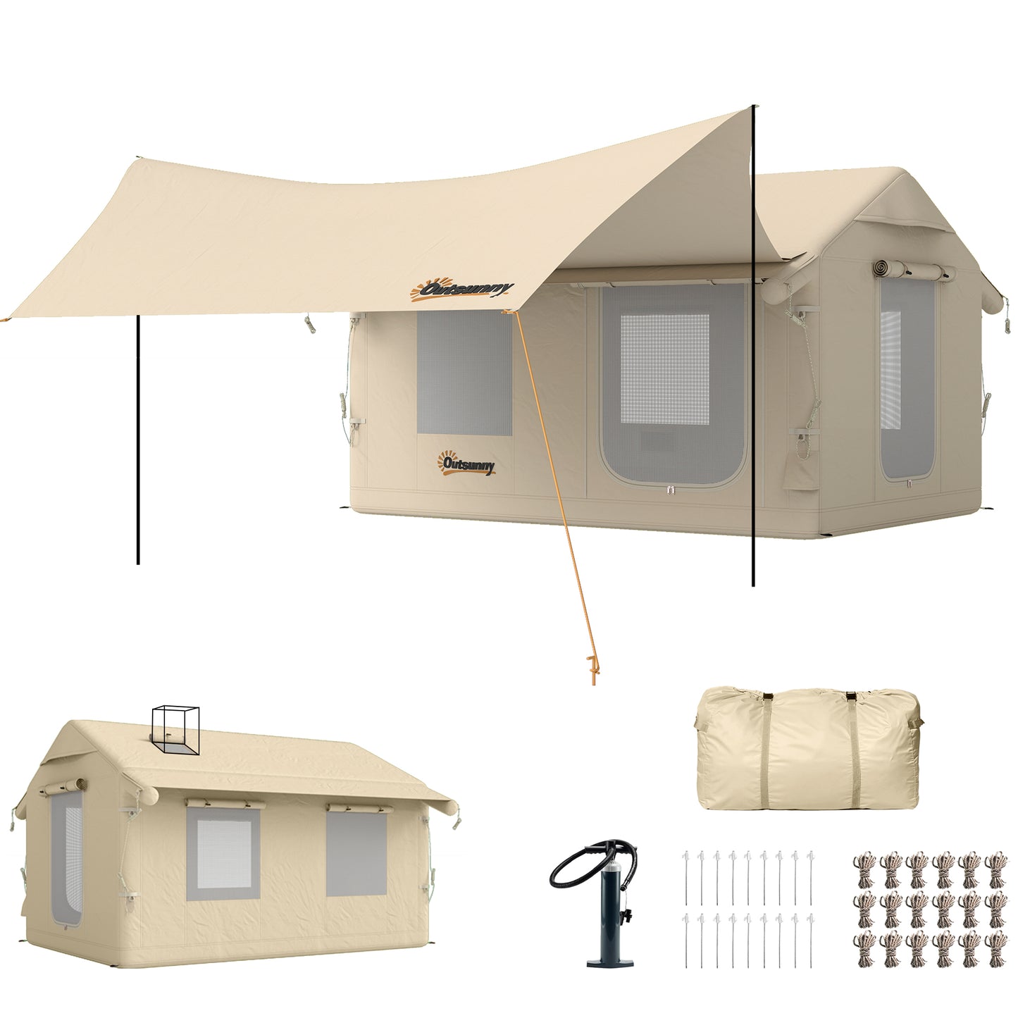 nflatable Tents Waterproof Glamping Tent with Stove Jack for 6-8 Person Khaki