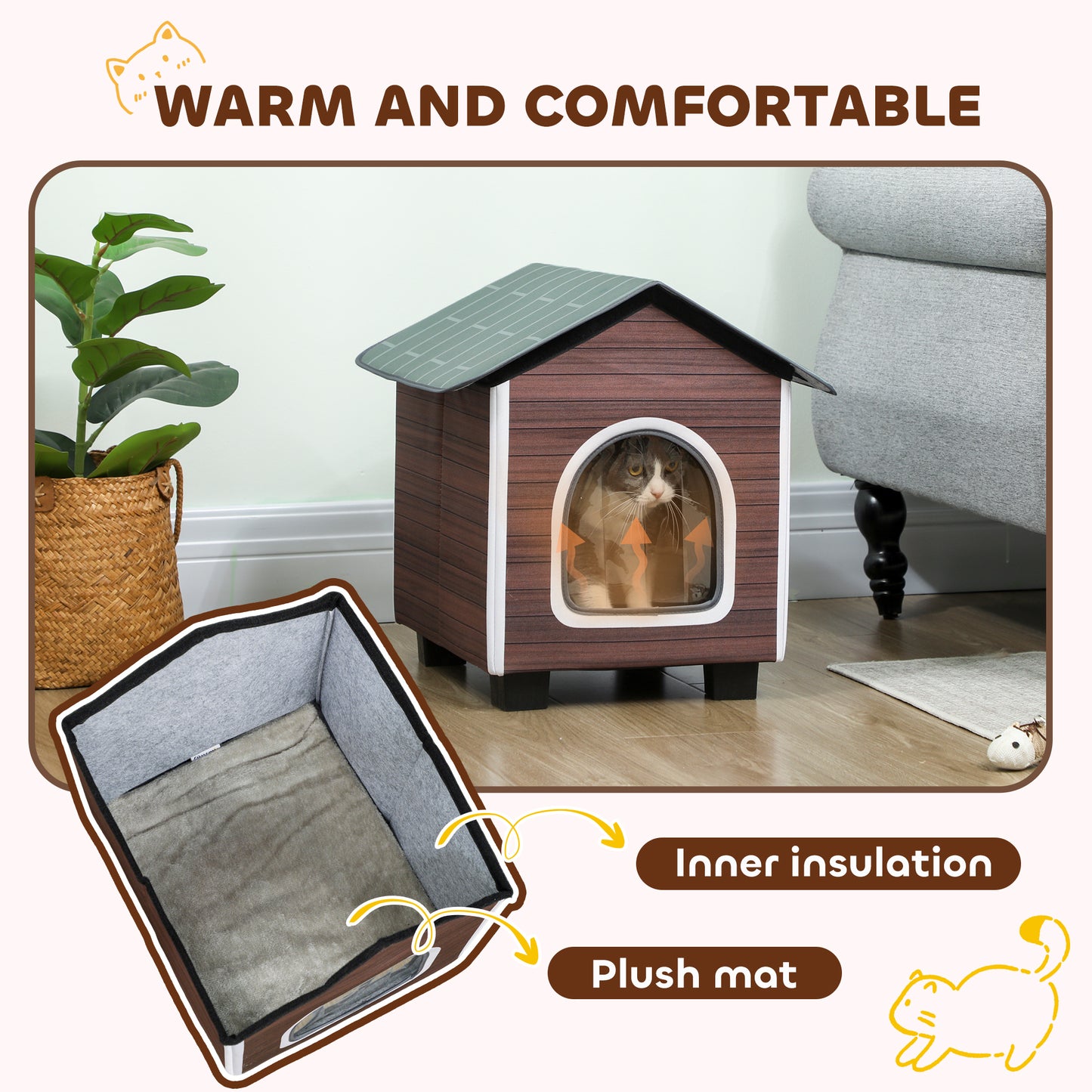 Insulated Outdoor Cat House, Waterproof Feral Cat Shelter with Elevated Base, Cushion, Pet House Indoor Outdoor for Stray Animals, Red-brown