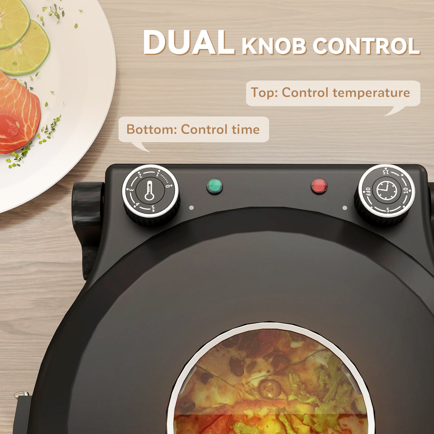 1200W Pizza Oven, Pizza Maker, 5-Min Crisp, Dual Knob Control, Black