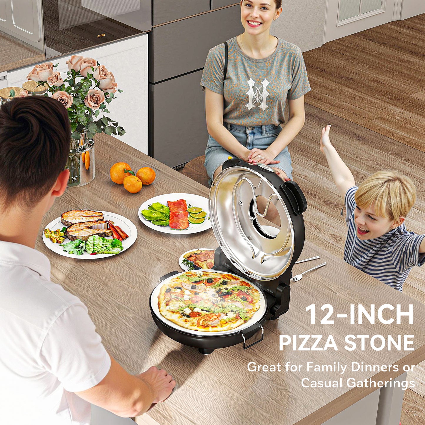 1200W Pizza Oven, Pizza Maker, 5-Min Crisp, Dual Knob Control, Black