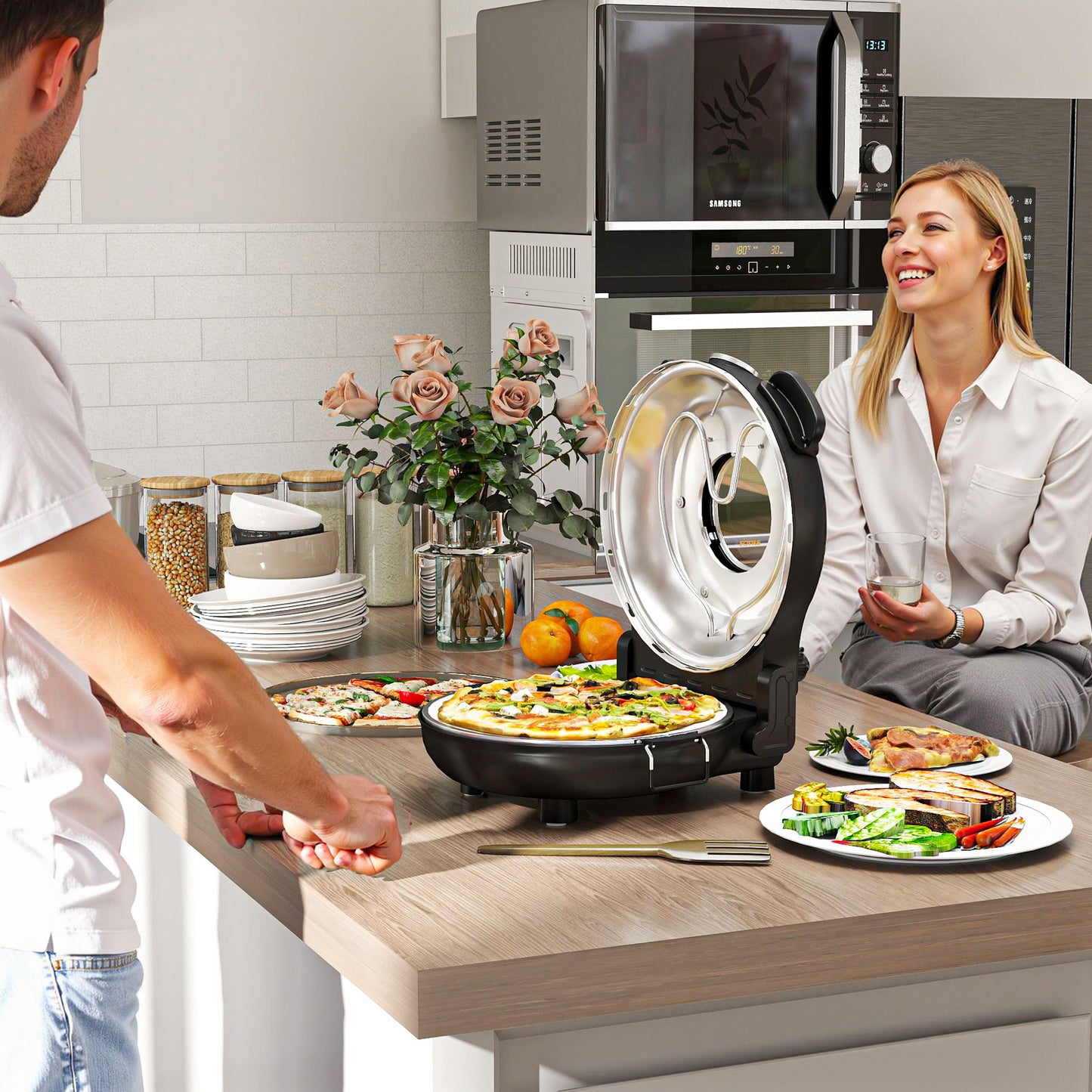 1200W Pizza Oven, Pizza Maker, 5-Min Crisp, Dual Knob Control, Black