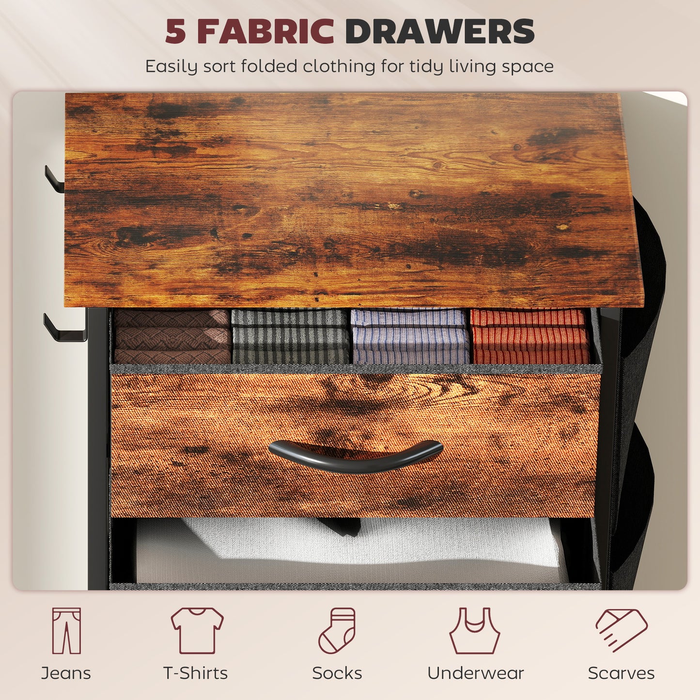 Fabric Chest of Drawers, 5 Drawer Dresser for Bedroom, Rustic Brown