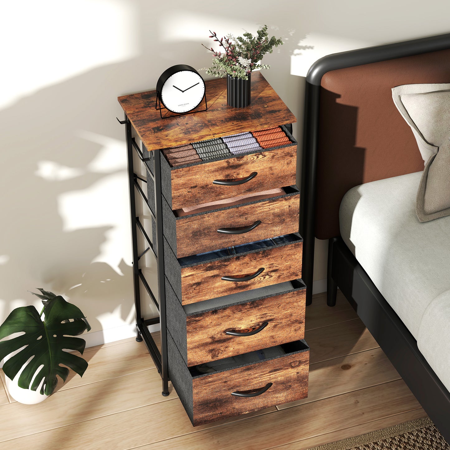 Fabric Chest of Drawers, 5 Drawer Dresser for Bedroom, Rustic Brown