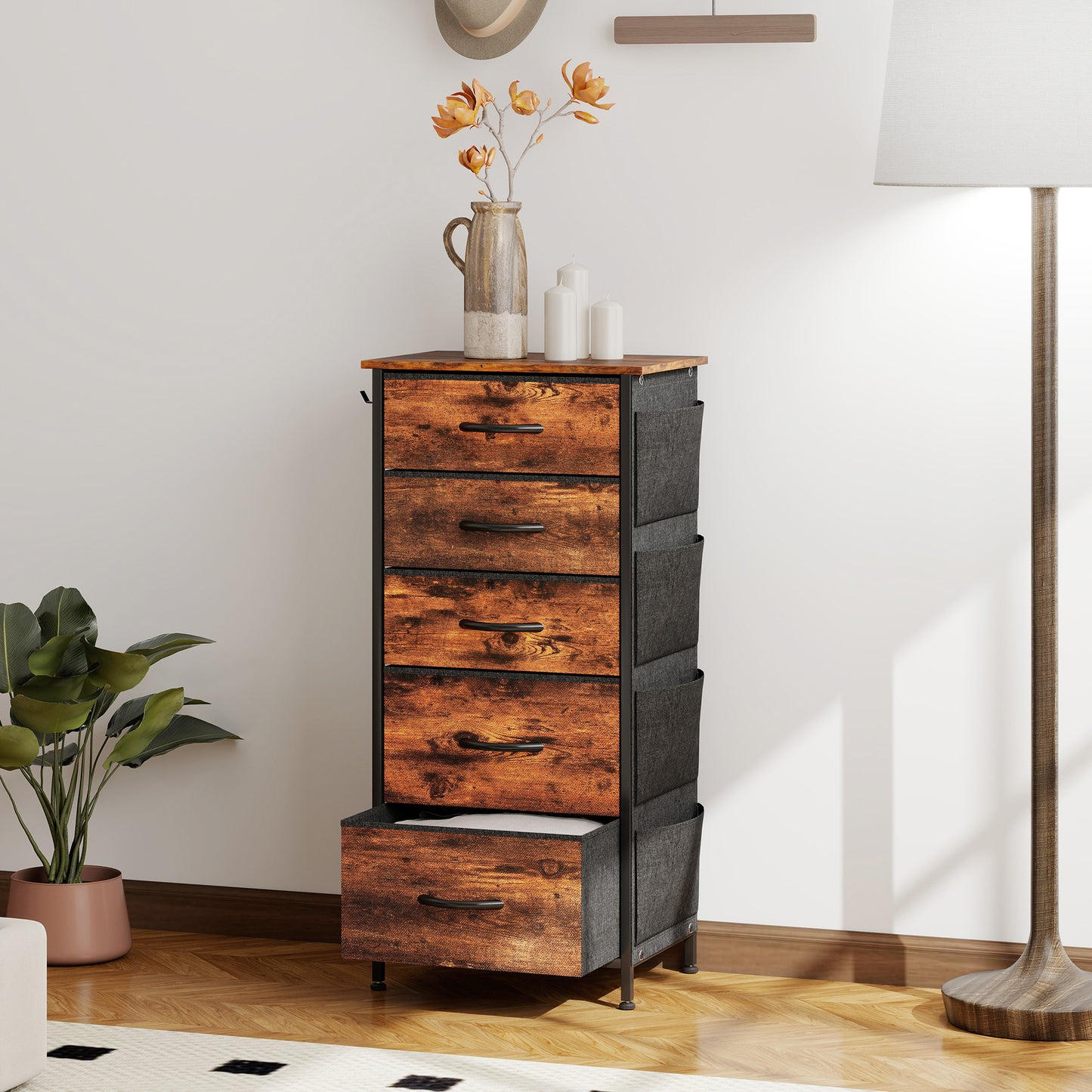 Fabric Chest of Drawers, 5 Drawer Dresser for Bedroom, Rustic Brown