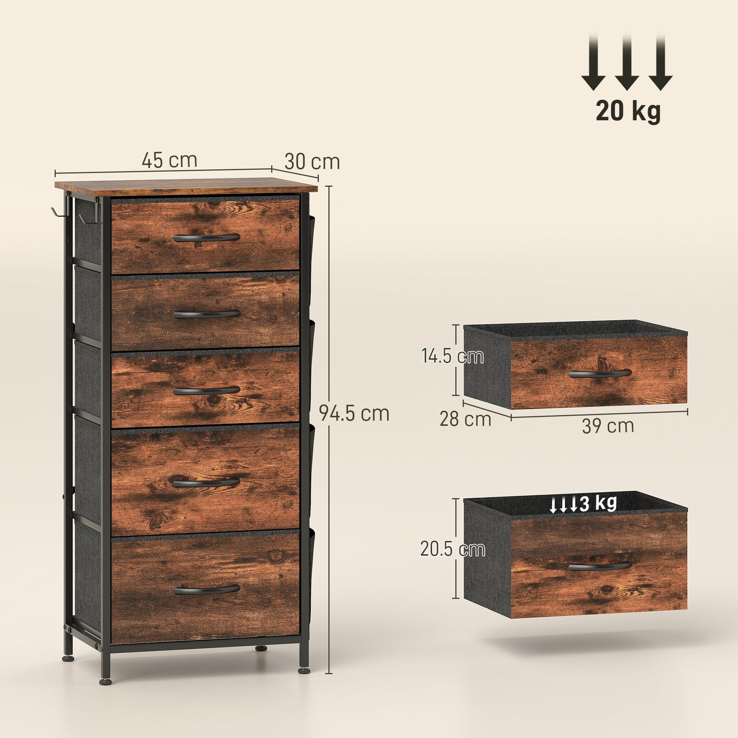 Fabric Chest of Drawers, 5 Drawer Dresser for Bedroom, Rustic Brown