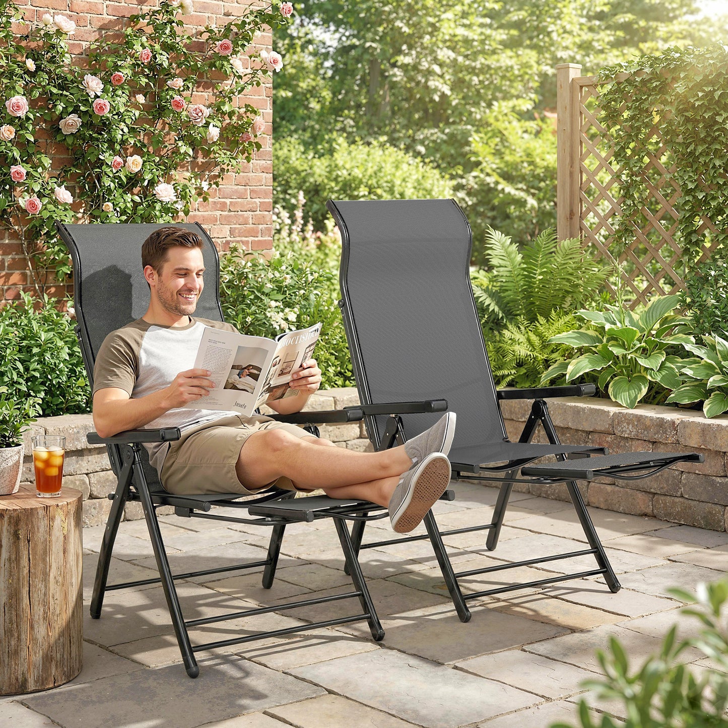 Folding Reclining Garden Chairs Set of 2 with Footrest, Dark Grey