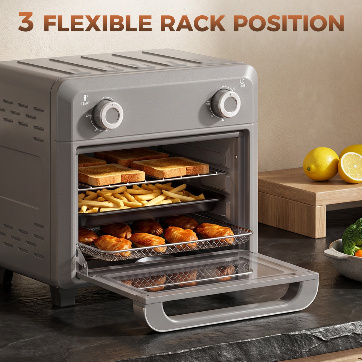 1000W 10L Air Fryer Oven with Adjustable Temperature and 60-Minute Timer - Grey