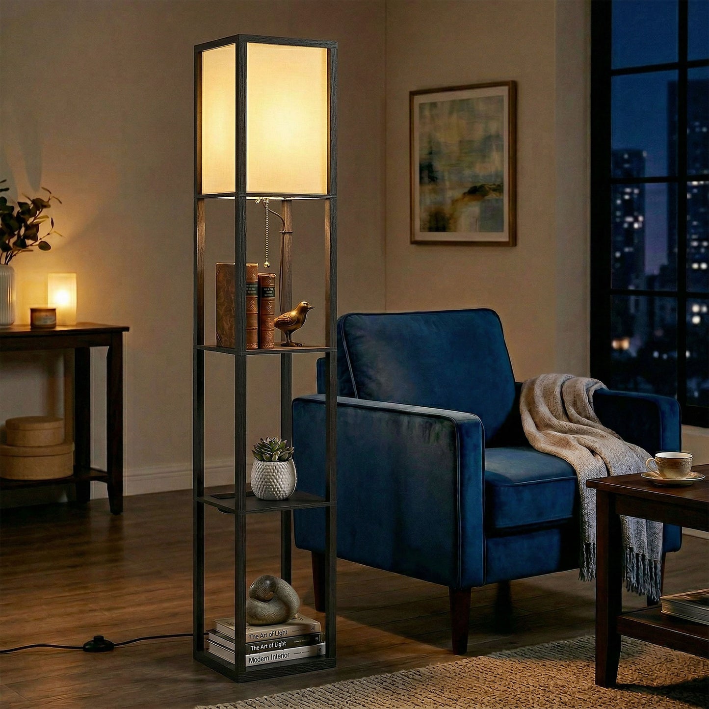 3-Tier Floor Lamp with Shelves and Storage, Modern Corner Standing Lamp with Lampshade, Reading Light with Foot Switch for Living Room, Bedroom, Home Office, LED Bulb Included, Black