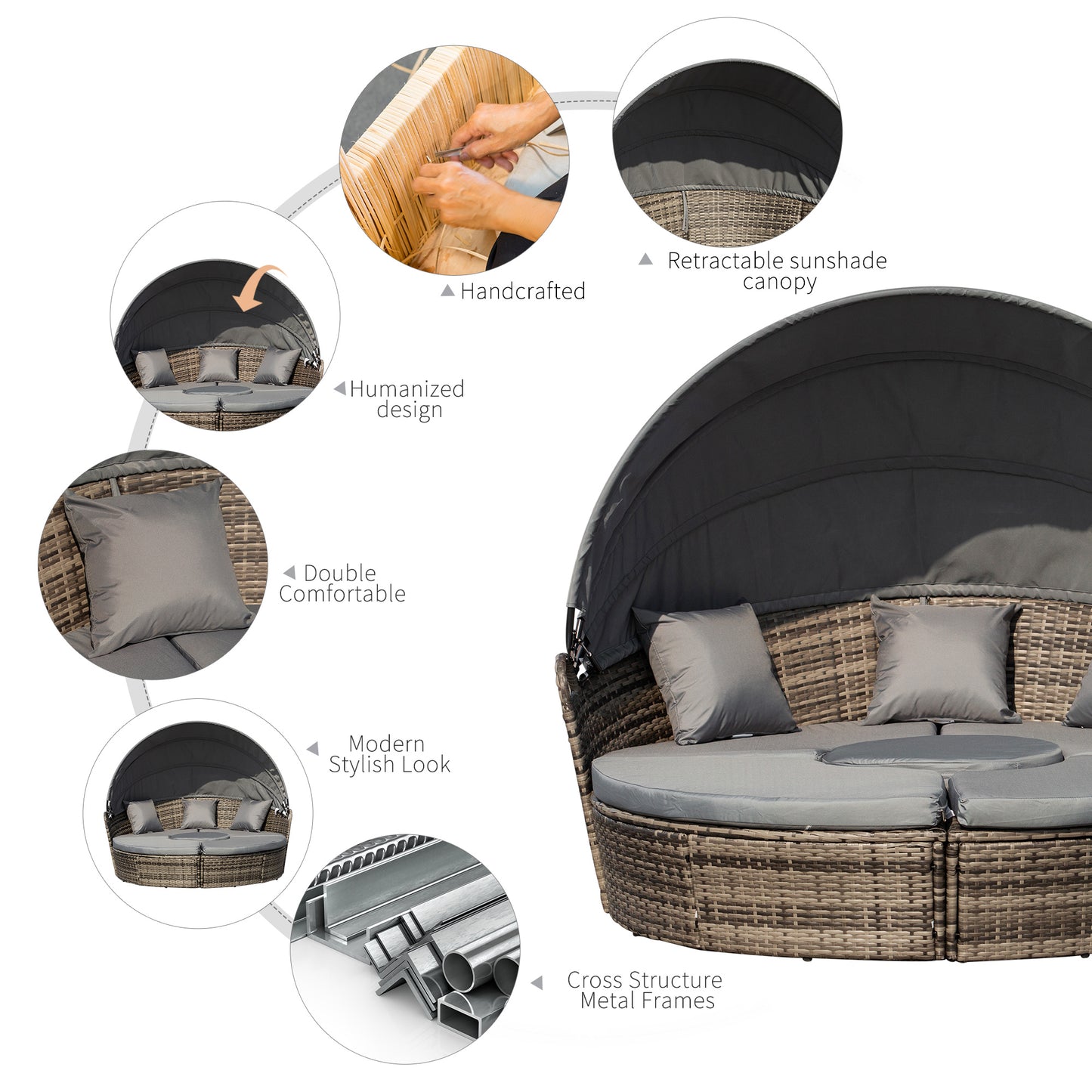 5-Seater Rattan Garden Furniture Cushioned Wicker Round with Coffee Table Patio Conversation Furniture Set - Grey