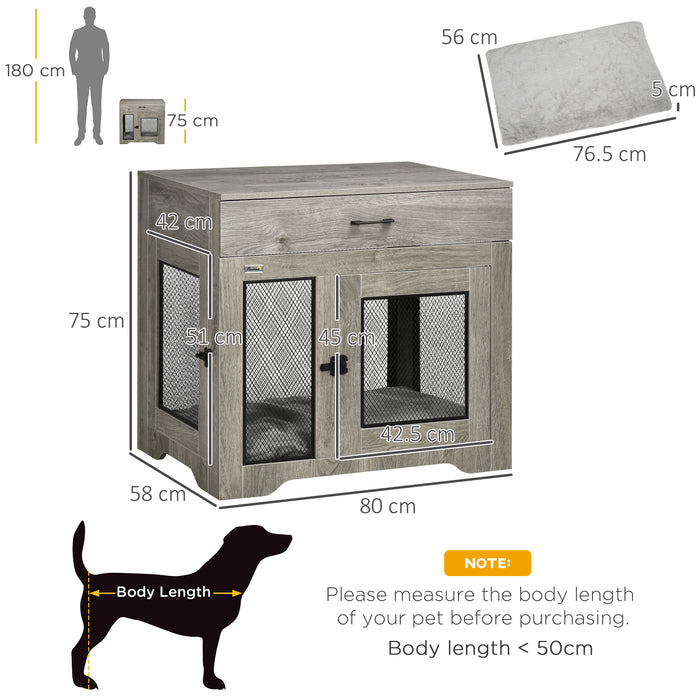 Indoor Use Dog Crate Furniture with Cushion, Double Doors Pet Kennel End Table with Drawer for Medium Dogs, Grey