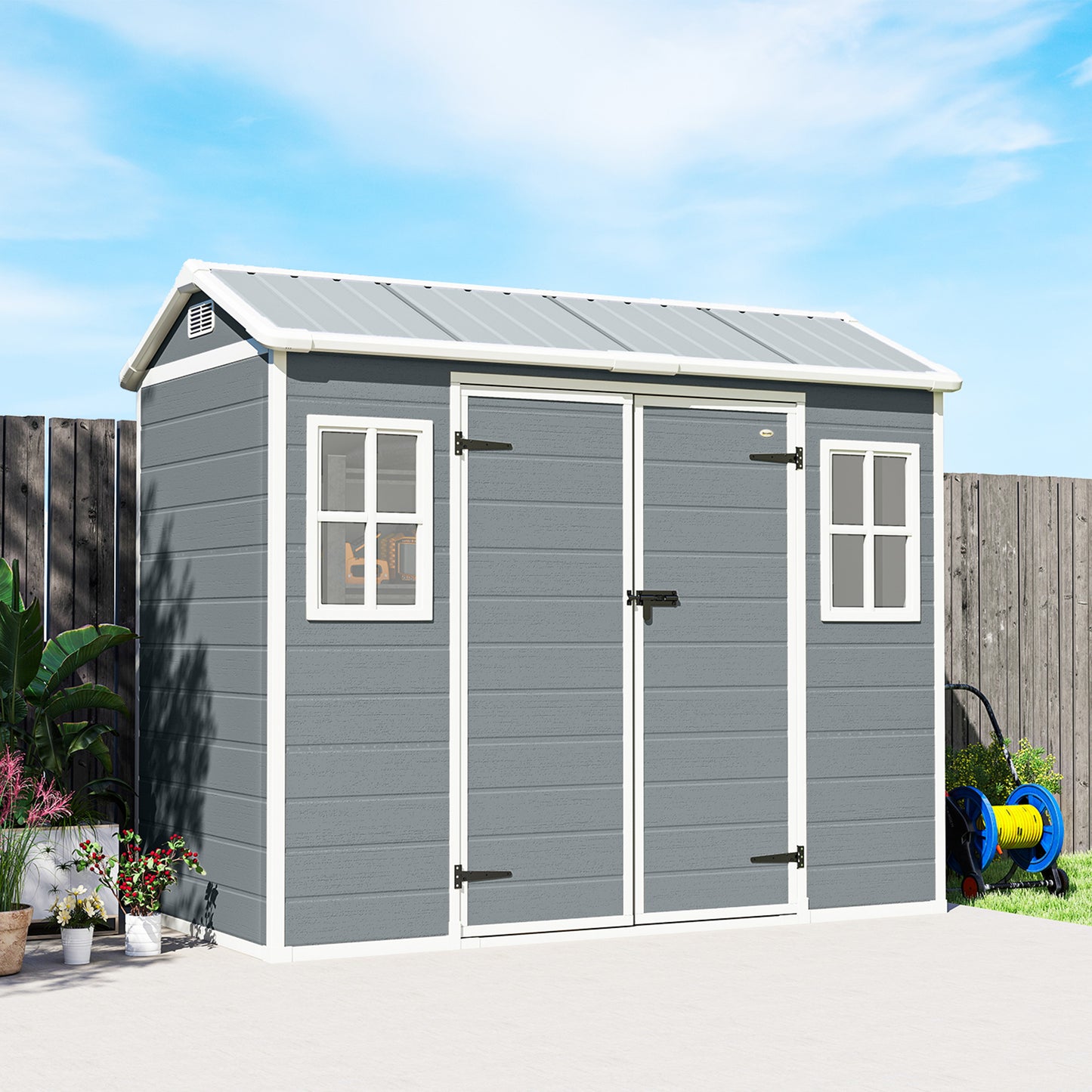 8 x 4 ft Resin Garden Shed with Floor, Lockable Doors, Light Grey