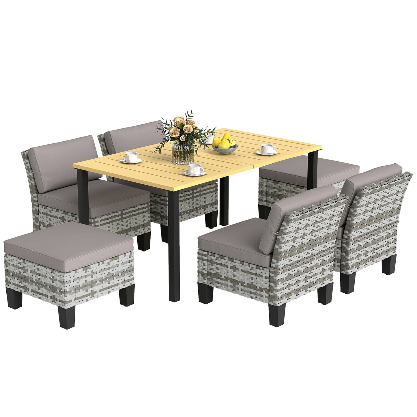 7 PCS Rattan Garden Dining Set with Cushions, Umbrella Hole, Grey