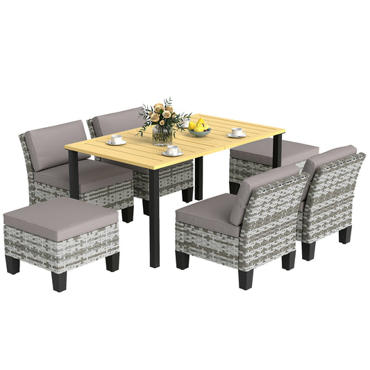 7 PCS Rattan Garden Dining Set with Cushions, Umbrella Hole, Grey