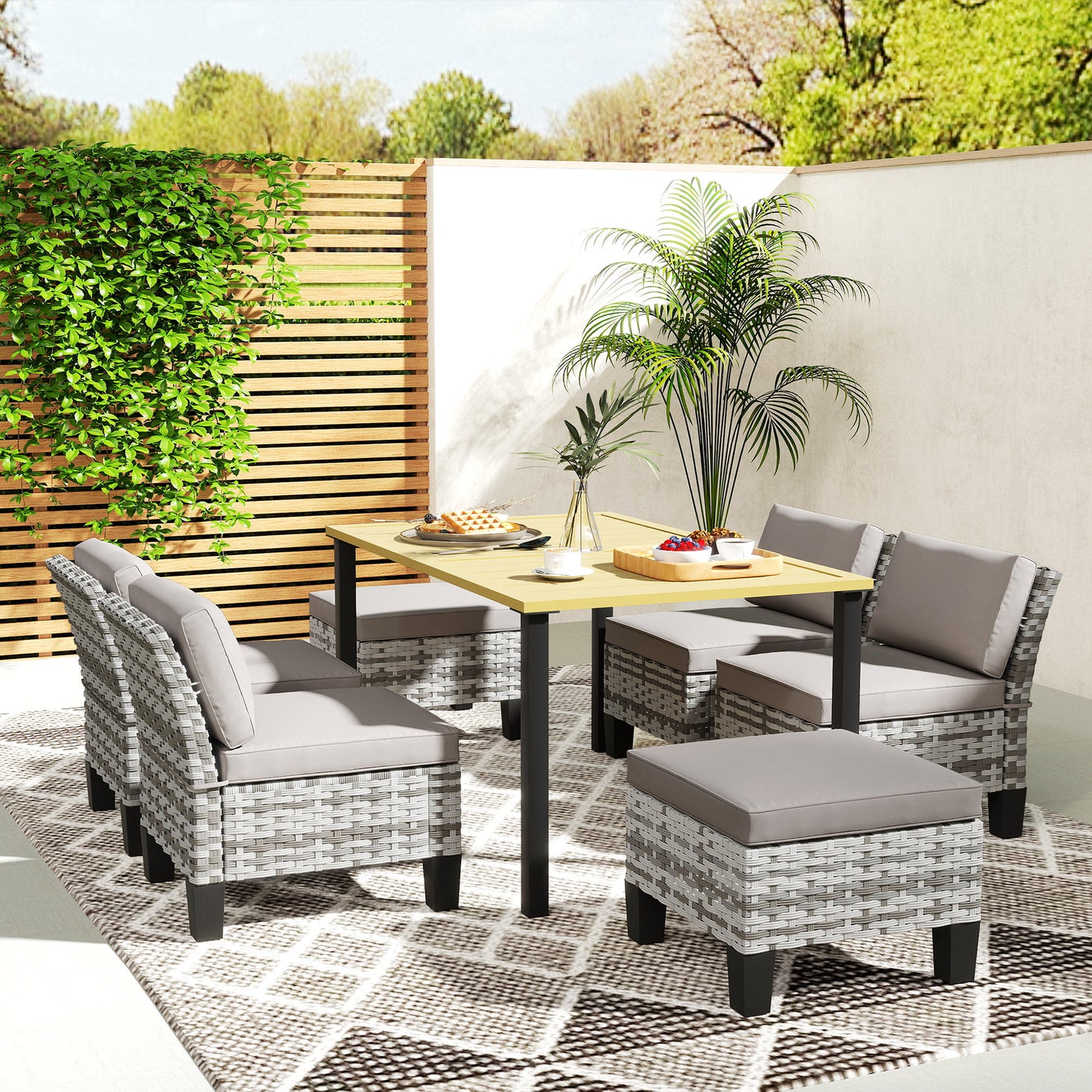 7 PCS Rattan Garden Dining Set with Cushions, Umbrella Hole, Grey