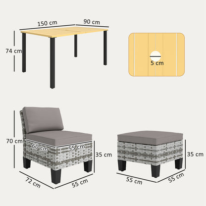 7 PCS Rattan Garden Dining Set with Cushions, Umbrella Hole, Grey