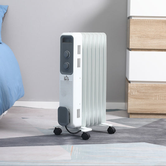 1500W 7-Fin Oil-Filled Radiator with Thermostat and 3 Heat Settings - White