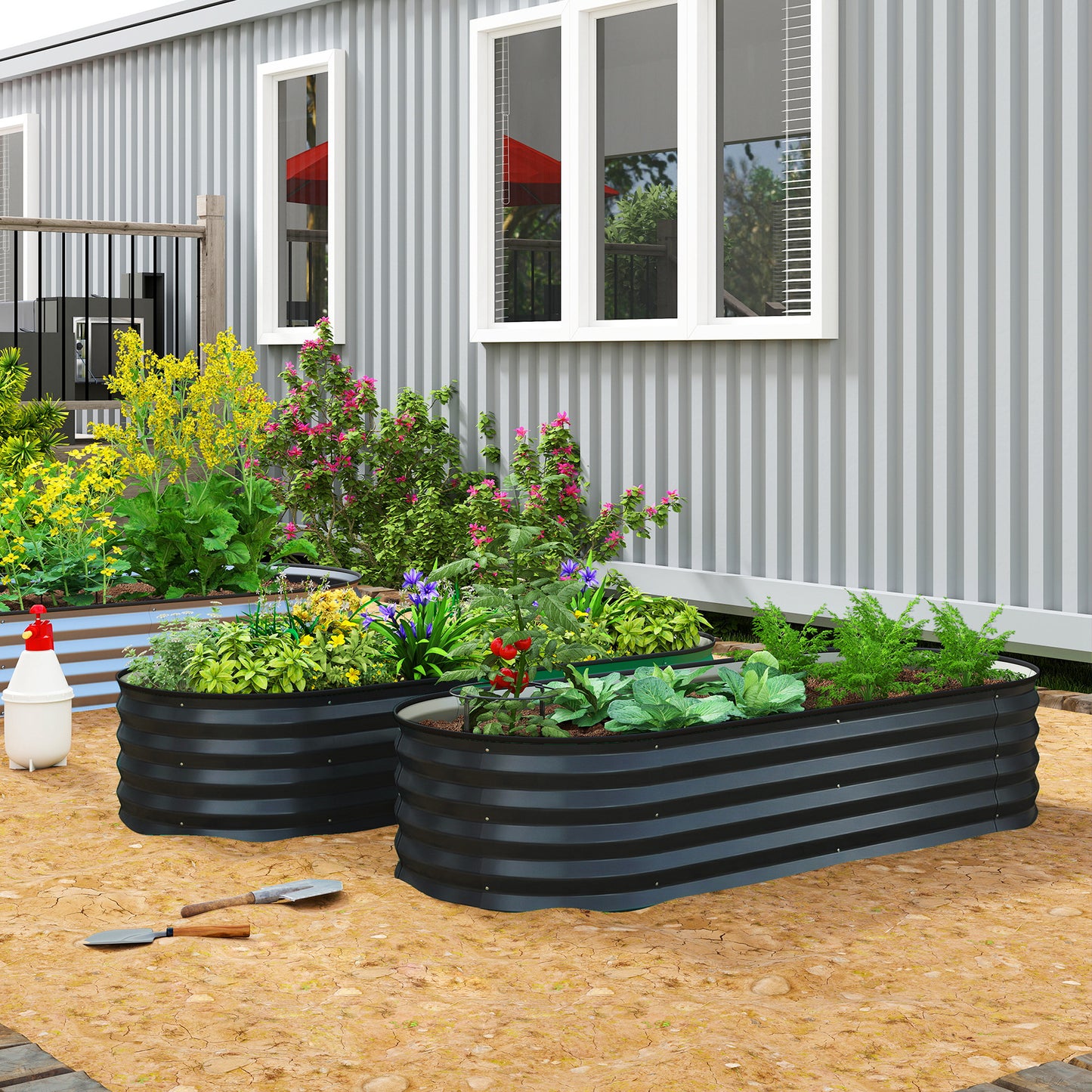Set of 2 Raised Beds for Garden with Metal Plant Stakes, Dark Grey