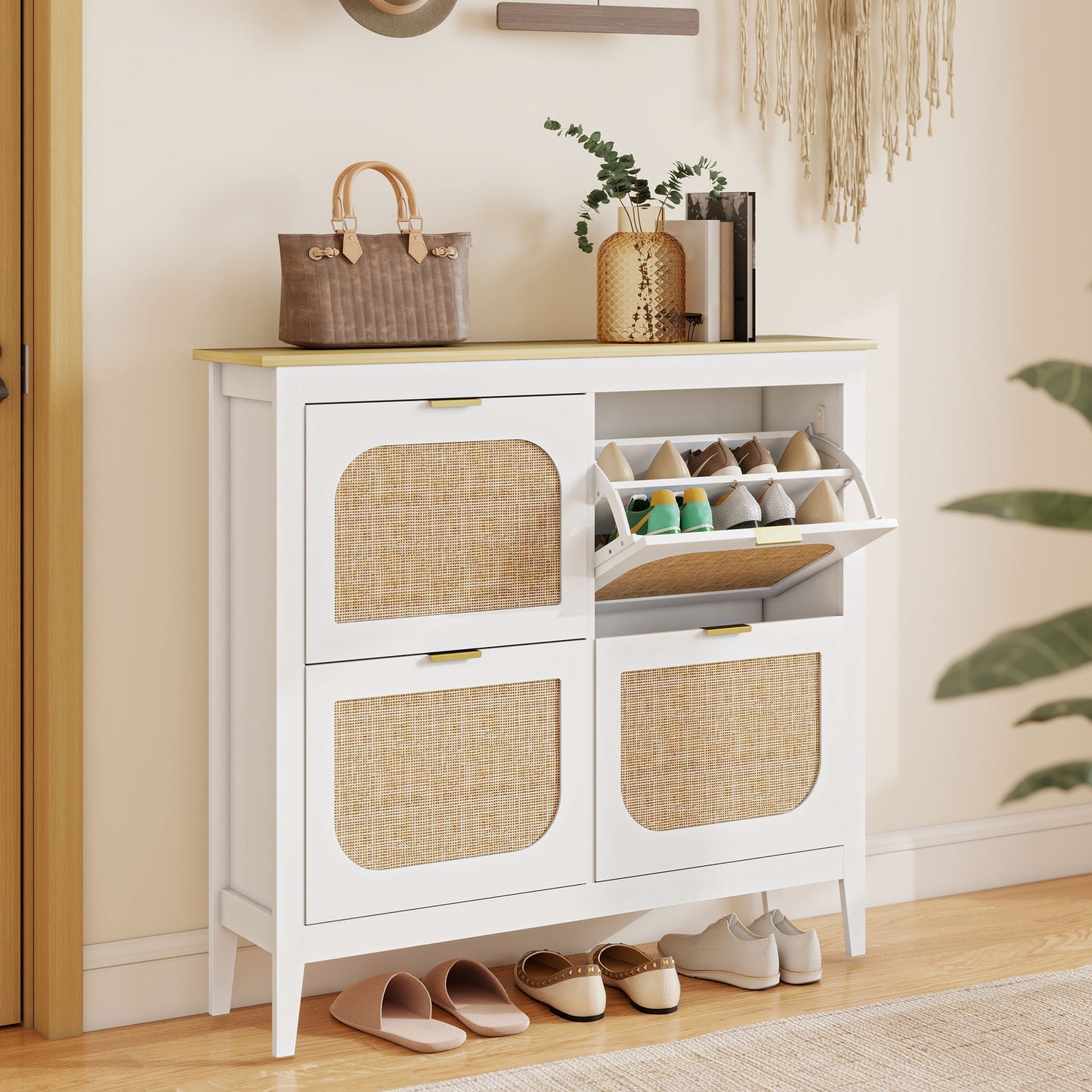 Boho Slim Shoe Cabinet with Rattan Doors, Holds 20 Pairs, White