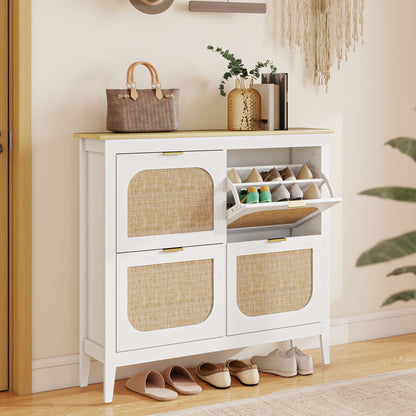 Boho Slim Shoe Cabinet with Rattan Doors, Holds 20 Pairs, White