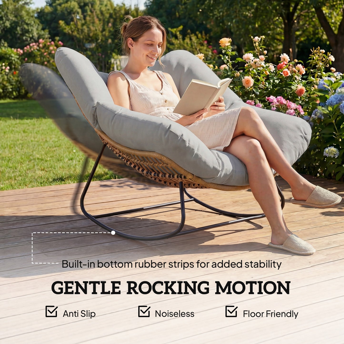Indoor Outdoor Rocking Chair with Cushion, Light Grey