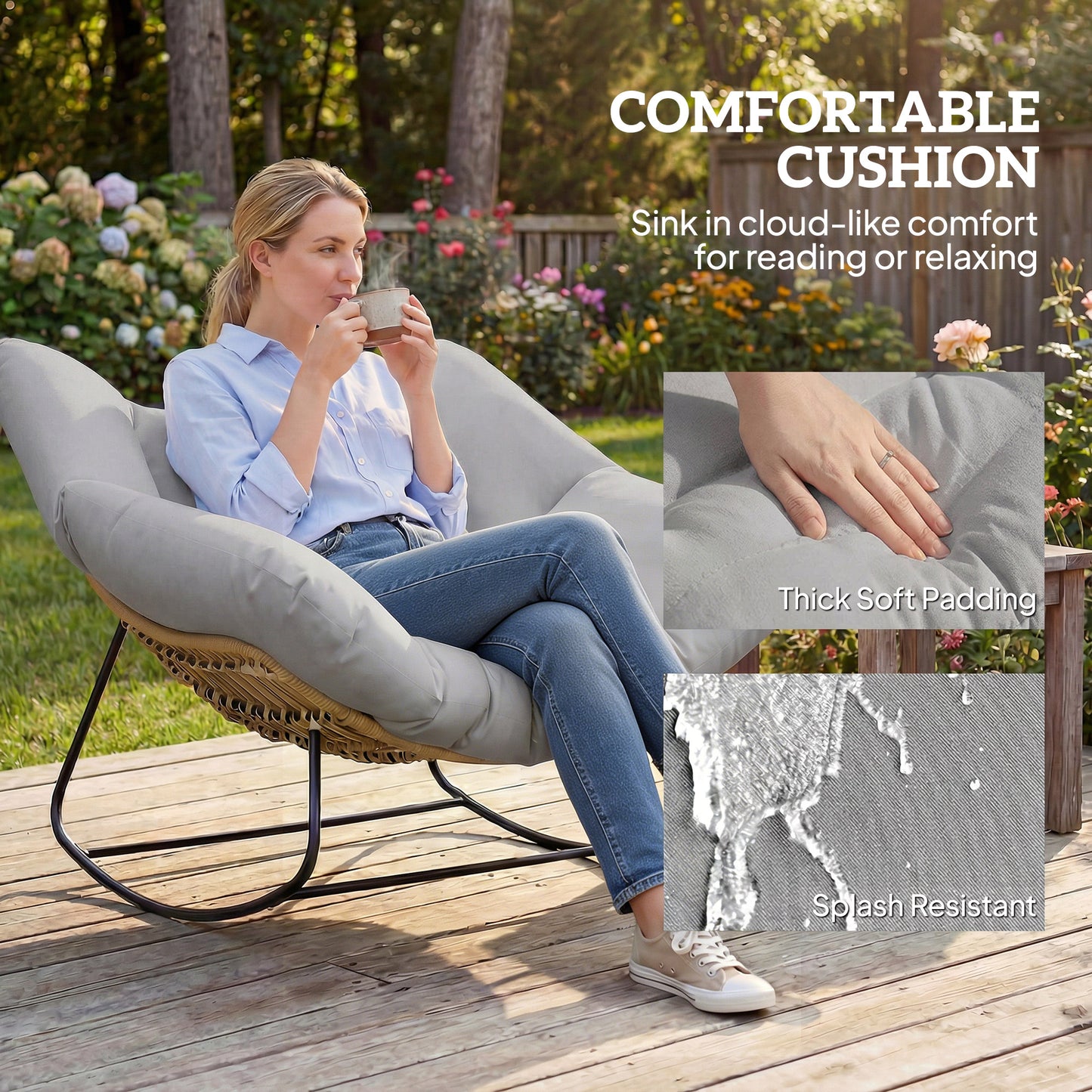 Indoor Outdoor Rocking Chair with Cushion, Light Grey
