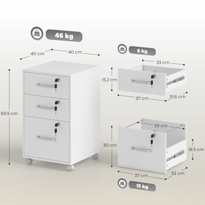 3 Drawer File Cabinet Rolling Filing Cabinet for A4 and Letter White