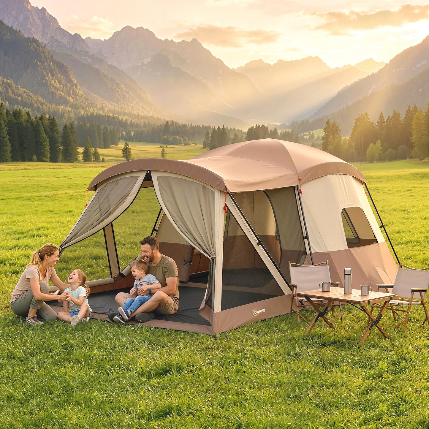 4 Person Easy Setup Family Camping Tent with 2 Rooms, Waterproof Tunnel Tent w/ Sewn In Groundsheet, Doors, Windows, Skylights and Carrying Bag, Brown & Khaki