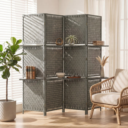 4-Panel Room Divider with Shelves, Wave Fibre Freestanding Folding Privacy Screen Panels, Partition Wall Divider for Indoor Bedroom Office, 180 cm, Grey