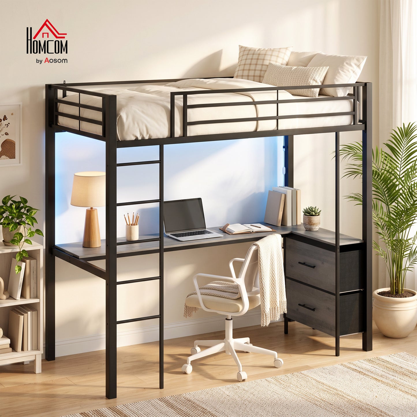 Metal Bunk Bed with Desk, High Sleeper with LED Light and Safety Guardrail